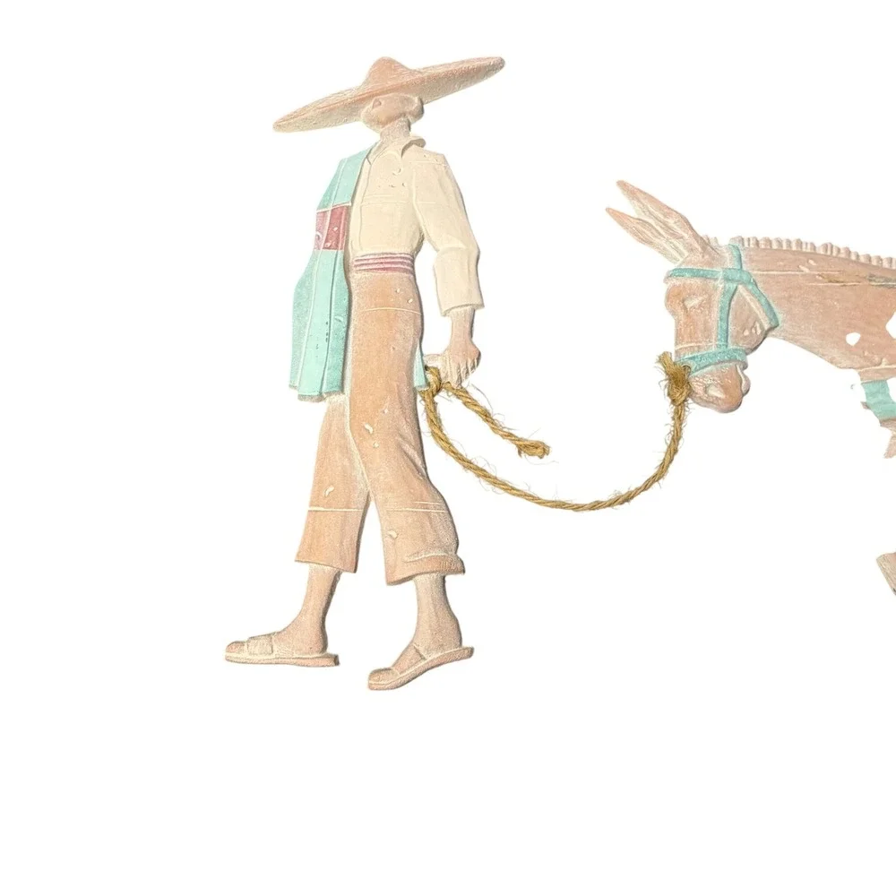Vintage Mexican Folk Art Wall Hanging Man Leading Donkey‎ 2pc Set Rustic Decor